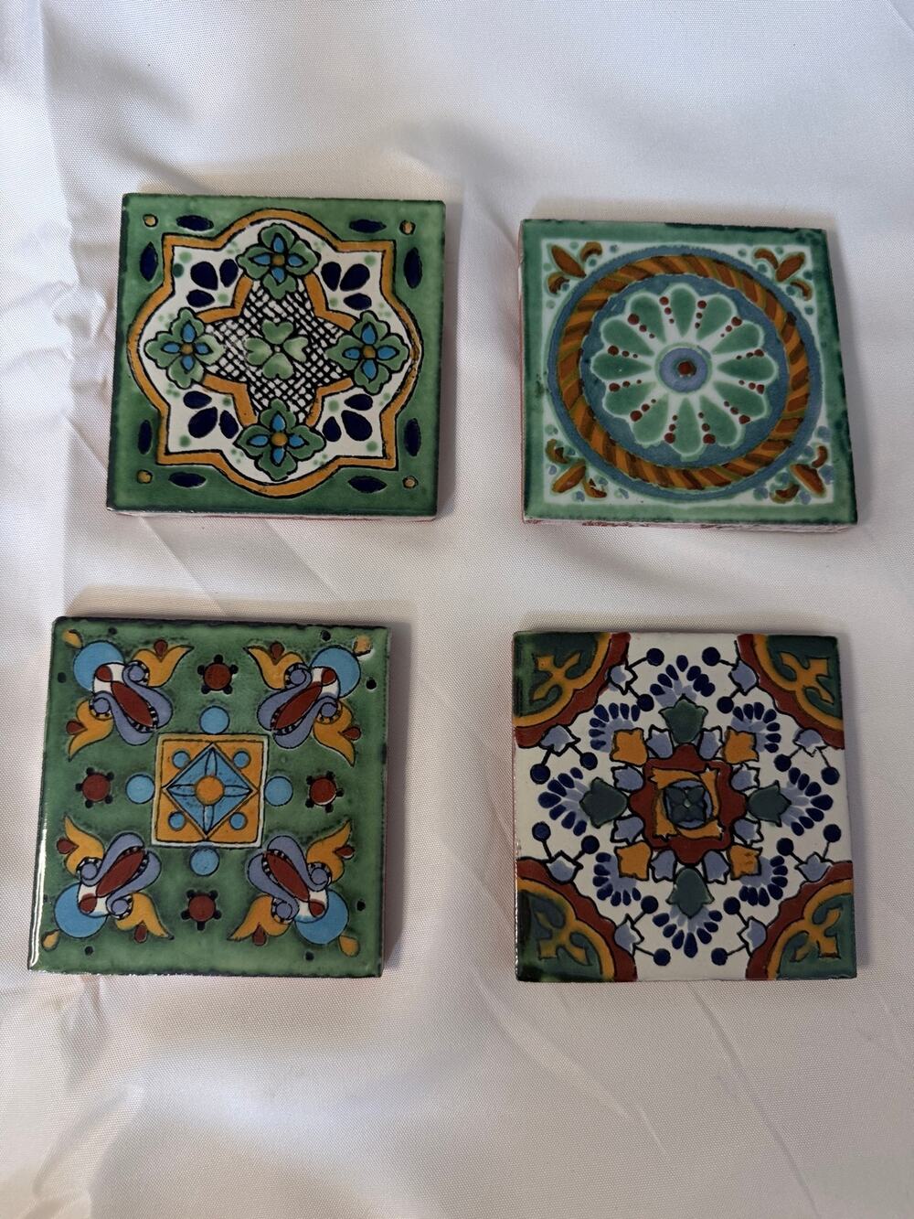 Set of 4 Mexican Clay Tile Coasters with Cork Background - Green
